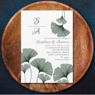 Convite Folia em Aquarela Verde Sálvia Casamento Gingko