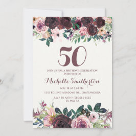Convite Folia Floral Rosa Bege Borgonha Aniversário de 50