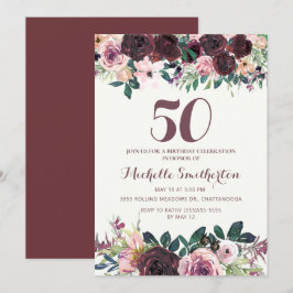 Convite Folia Floral Rosa Bege Borgonha Aniversário de 50