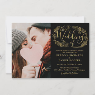 Convite Folia Preta e Dourada com Letra de Casamento