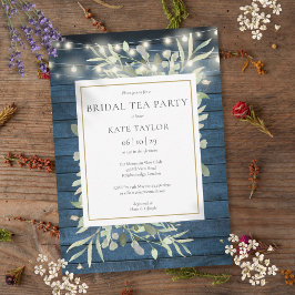Convite Foliage Blue Rustic String Lights Bridal Tea Party