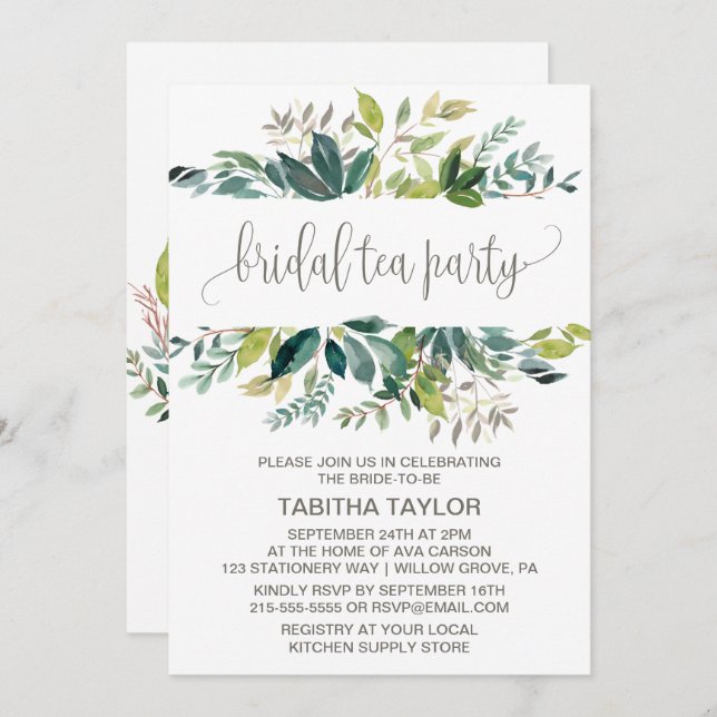 Convite Foliage Bridal Tea Party (Frente/Verso)