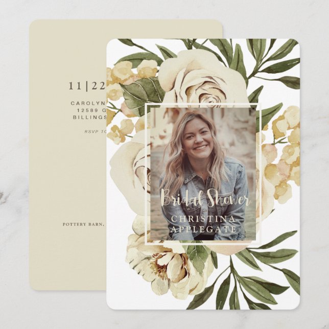 Convite Foliage Cream Floral Bride Foto Chá Arredondado (Frente/Verso)