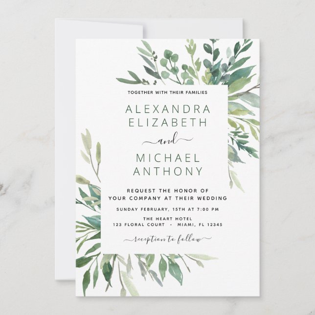 Convite Foliage Foliage Botânica Watercolor Wedding Invi (Frente)