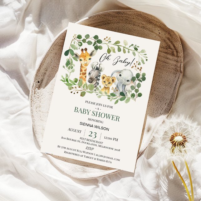 Convite Foliage Genenerase Gênero Chá de fraldas Safari Ne (Safari Baby Shower Invitation Greenery Foliage Gender Neutral, Wild One Jungle Animals Baby Shower )