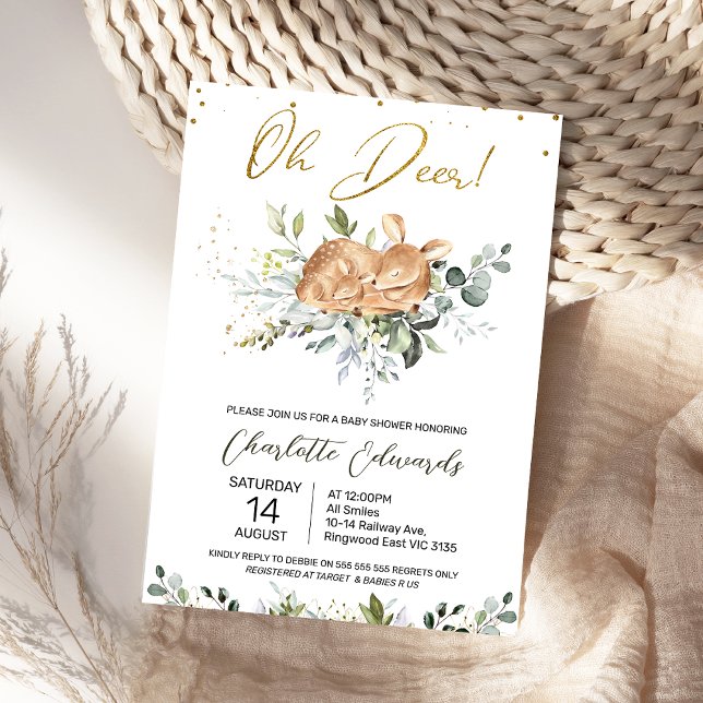 Convite Foliage Green Oh Chá de fraldas (Oh Deer Baby Shower Invitation Gender Neutral, Greenery Foliage Deer Fawn Baby Shower Invitation)