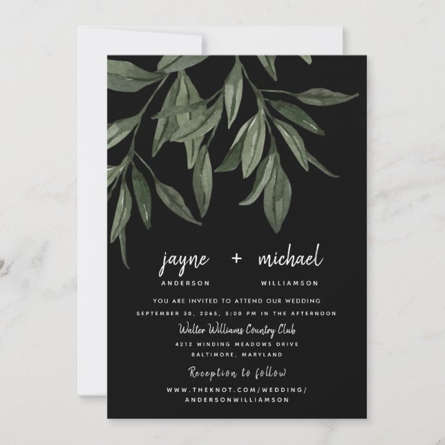 Convite Foliage Modern Font Black Website Casamento (Frente)