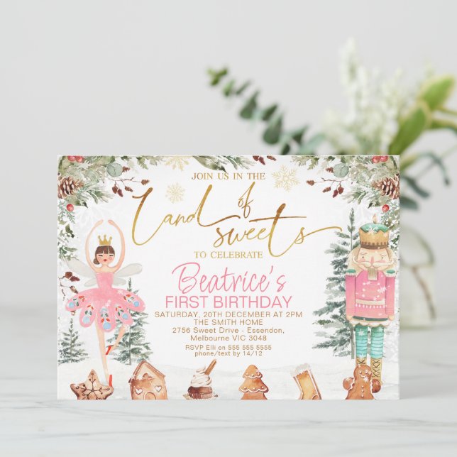 Convite Foliage Nutcracker Sugar Plum Fairy Aniversário (Em pé/Frente)