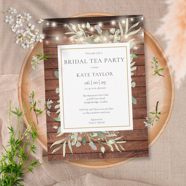Convite Foliage Russo Wood String Luzes Bridal Tea Party (Criador carregado)