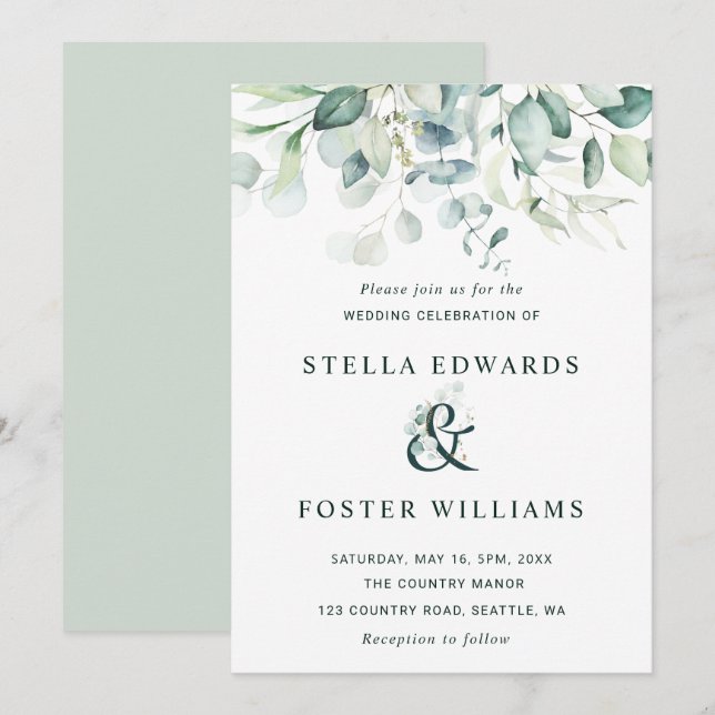 Convite Foliage Verde Ampersand Wedding Elegante (Frente/Verso)