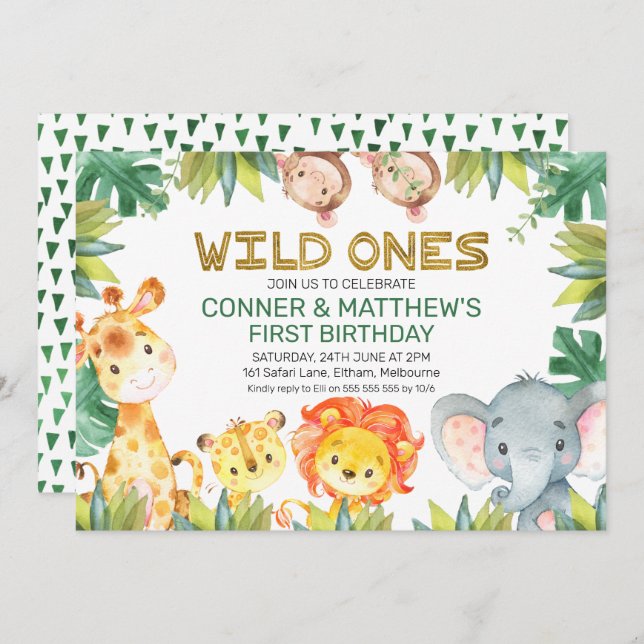 Convite Foliage Wild One Twin Boys Safari (Frente/Verso)