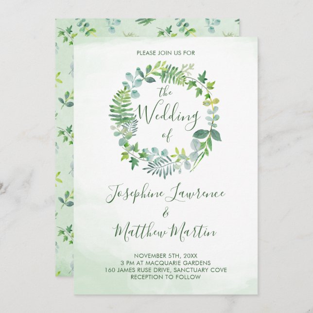 Convite Foliage Wreath Watercolor Casamento Verde (Frente/Verso)