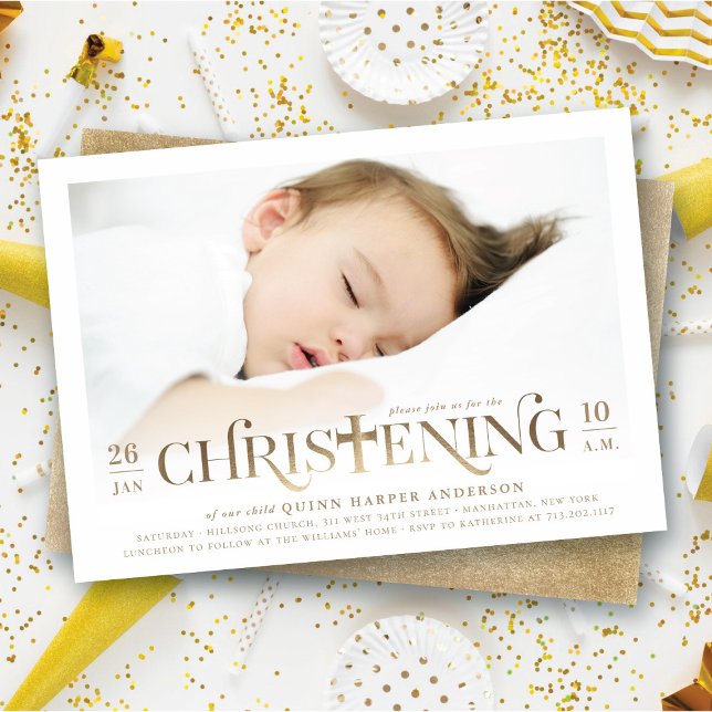 Convite Fólio de Ouro Cruz Moderna Fotografia Religiosa de (Faux Gold Foil Modern Classic Bold Cross Stylish Christening Photo Invitation @ fat_fa_tin)