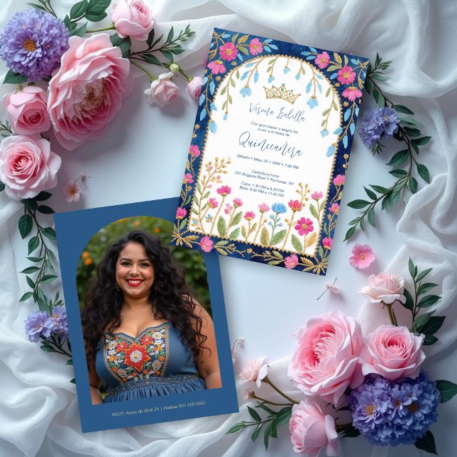 Convite Folk Art Blue Shades Spanish Mexican XVs Floral (Folk Art Blue Shades Spanish Mexican XVs Floral Border Embroidery Style Quinceañera Invitation Cards)