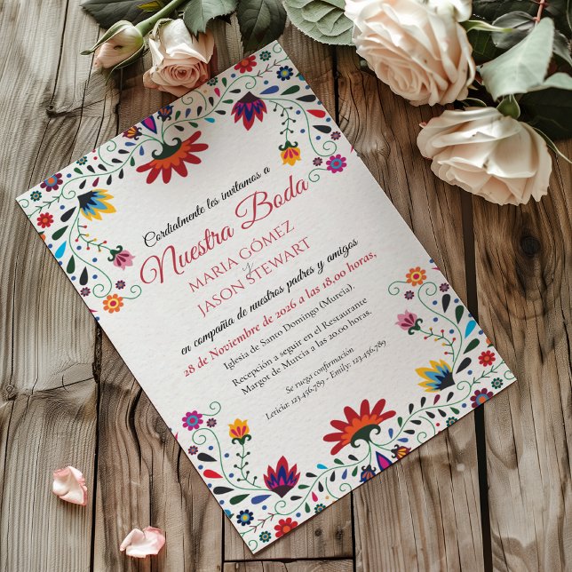 Convite Folk Art Floral Botanical Fiesta Spanish Wedding (Folk Art Floral Botanical Fiesta Spanish Wedding Invitation)