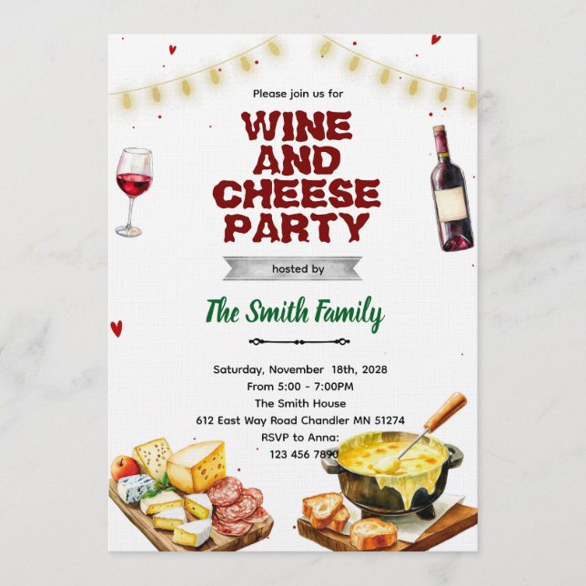 Convite Fondue cheese wine party invitation (Frente)