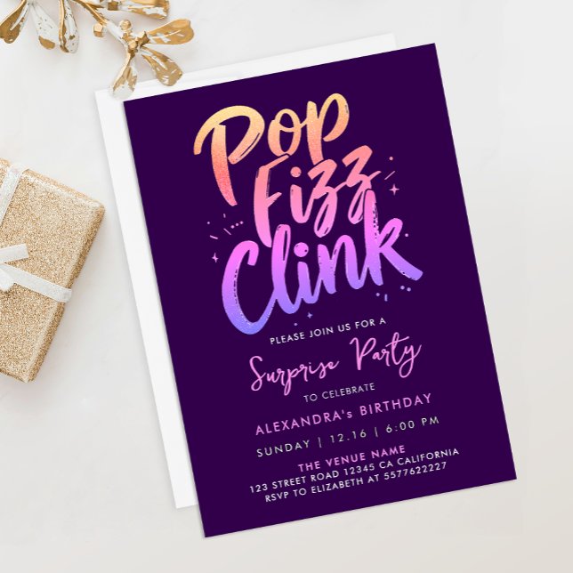 Convite Fonte Caligráfica Roxa e Rosa Pop Fizz Clink (Criador carregado)