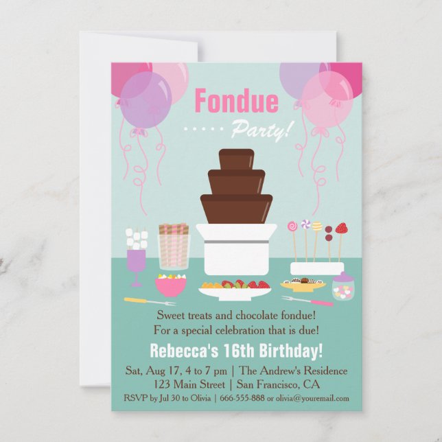 Convite Fonte de Fondue de Chocolate Festa de Aniversário  (Frente)