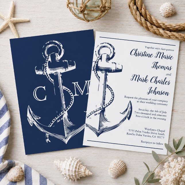 Convite Fonte de letra de âncora de esboço náutico da Mari (Tie the knot with this navy nautical sketch anchor wedding invitation. )