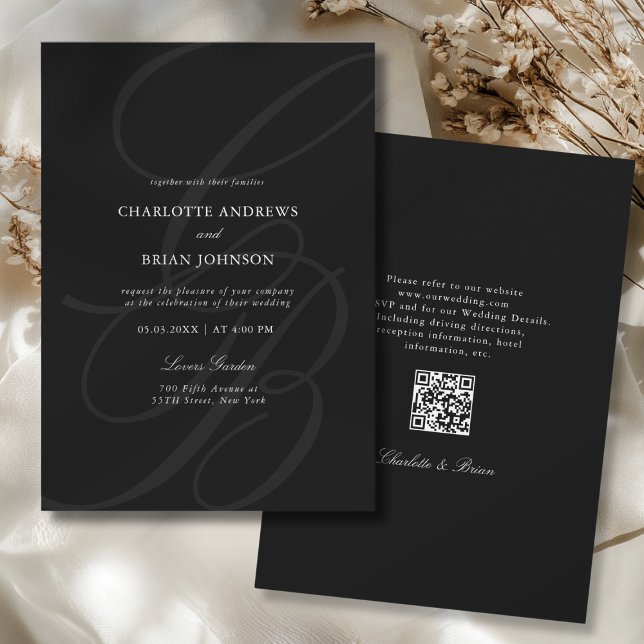 Convite Fonte de Letra Manuscrita Monograma Código QR Casa (Minimalist Script Font Monogram QR Code Black White Gray Wedding Invitation)