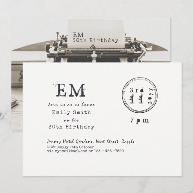 Convite Fonte de Máquina de Escrever Aniversário (QUALQUER (Frente/Verso)