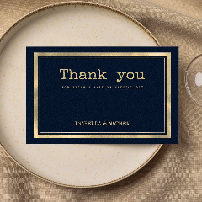 Convite fonte de máquina de escrever ouro azul marinho rus (Navy blue gold typewriter font rustic Thank You)