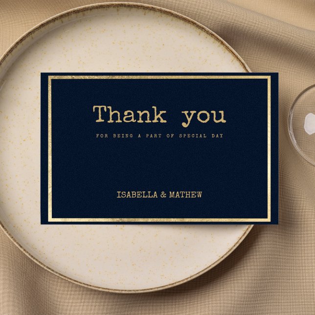 Convite fonte de máquina de escrever ouro azul marinho rus (Navy blue gold typewriter font rustic Thank You)