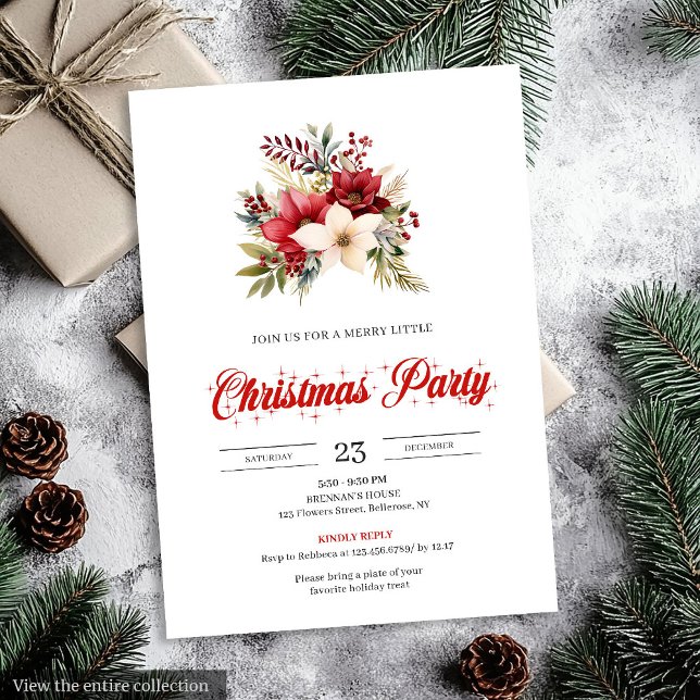 Convite Fonte de Script Elegante Vermelha de Poinsettia Na (Elegant Red Poinsettia Script Font christmas invitation

)