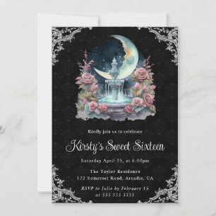 Convite Fonte Floral Noturna em Aquarela Sweet Sixteen