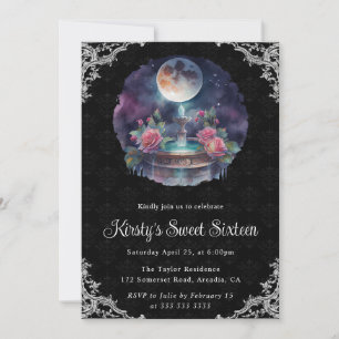 Convite Fonte Floral Noturna em Aquarela Sweet Sixteen