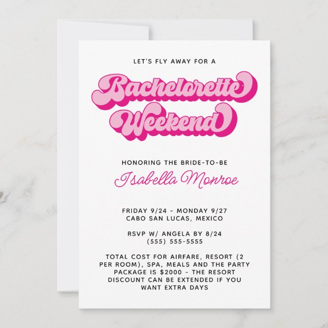 Convite Fonte Retro Rosa Quente Fim de Semana de Despedida (Frente)