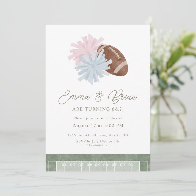 Convite Football and Cheer Siblings Joint Birthday (Em pé/Frente)