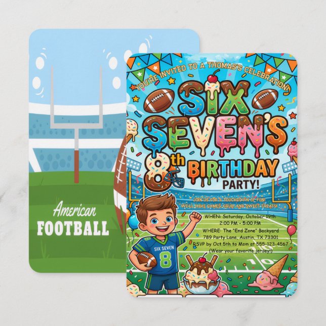 Convite Football and Ice Cream 8th Birthday Party (Frente/Verso)