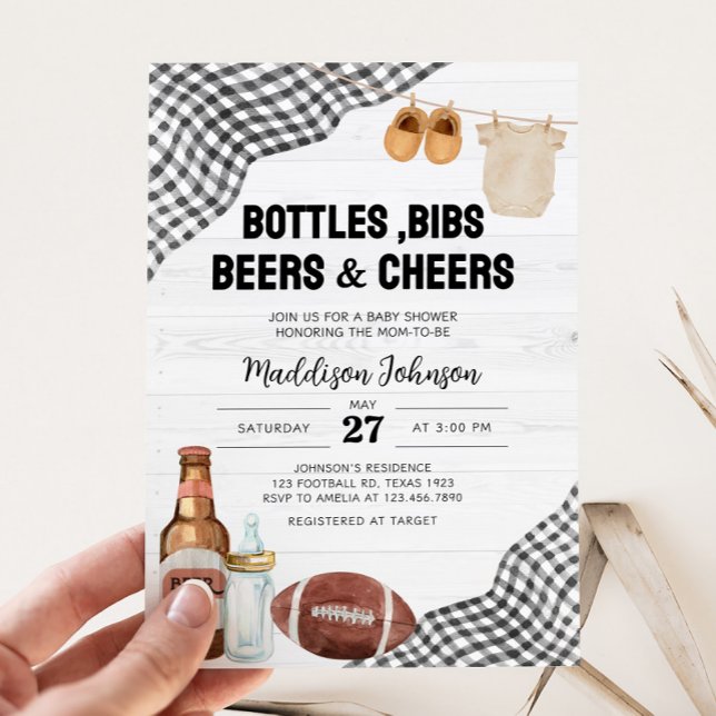 Convite Football Baby Shower (Bottles, Bibs, Beers & Cheers Baby Shower Invitation)