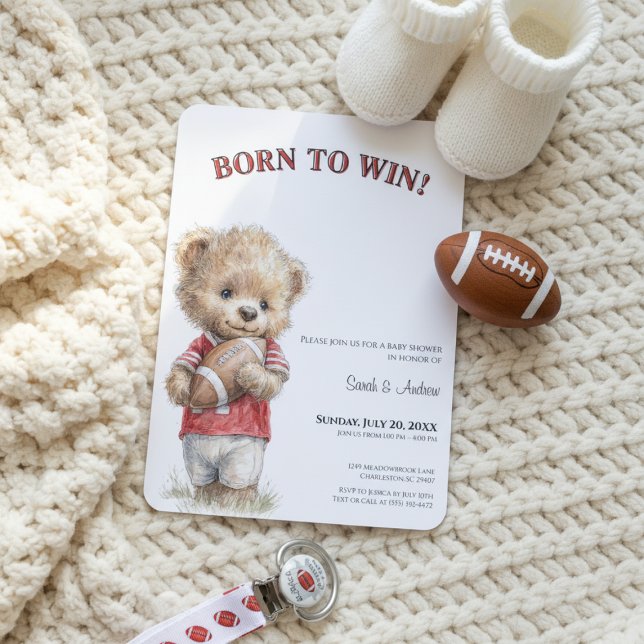 Convite Football Baby Shower Invitation | Born to Win  (Football baby shower invitation with teddy bear and modern sporty theme, neutral tones, cozy flat la)