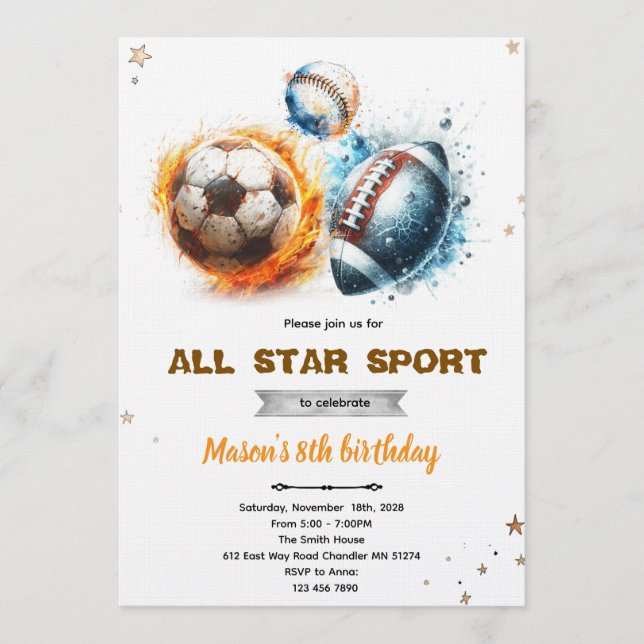 Convite Football baseball and soccer party Invitation  (Frente)