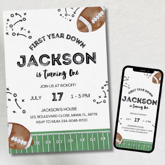 Convite Football Birthday Invitation, First Year Down,Foot