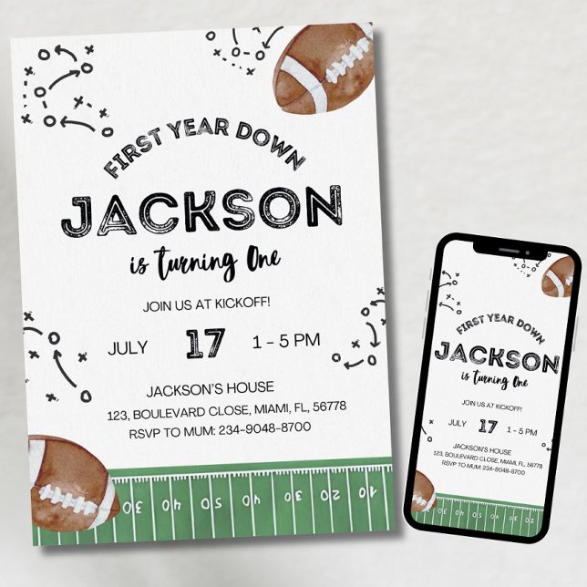 Convite Football Birthday Invitation, First Year Down,Foot (Criador carregado)