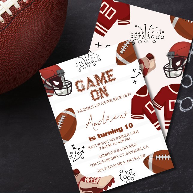 Convite Football Boy Birthday Party Sports (Football birthday invitation with bold “Game On” text and sporty design.)