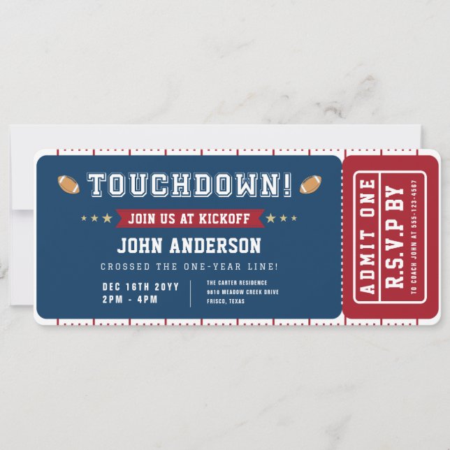 Convite Football First Year Touchdown Birthday Ticket (Frente)