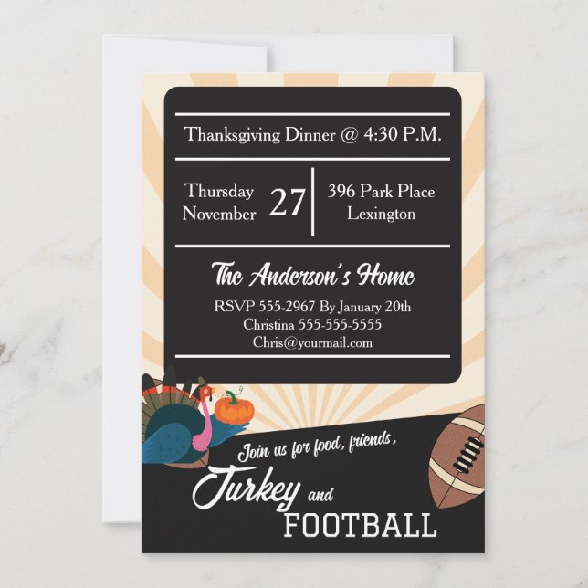 Convite Football Thanksgiving Dinner Turkey October Party (Frente)