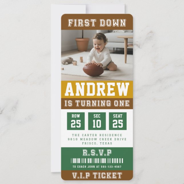 Convite Football Ticket First Down 1st Birthday Kids Photo (Frente)