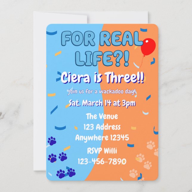 Convite For Real Life Blue and Orange Puppy Paw Birthday (Frente)