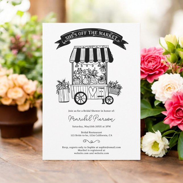 Convite Fora do mercado, chá de panela de escrivores preto (Off the market black scribbles bridal shower invitation)