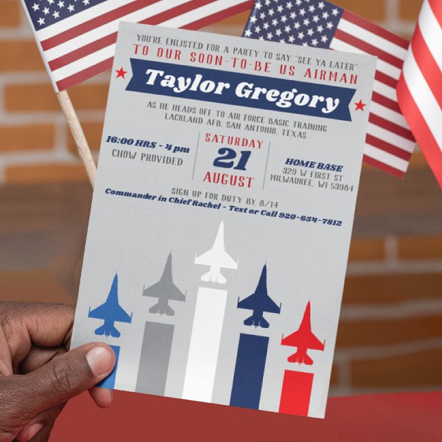 Convite Força Aérea Militar Jet Saindo Festa (Military Fighter Jet flight formation Air Force Going Away Farewell Party Invitation, USA Flag, F-16)