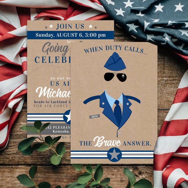 Convite Força Aérea Saindo Festa MARINHO CINZA AZUL Milita (Navy Blue Rustic Kraft Air Force Airman Going Away Party Invitation, Military Farewell Celebration)