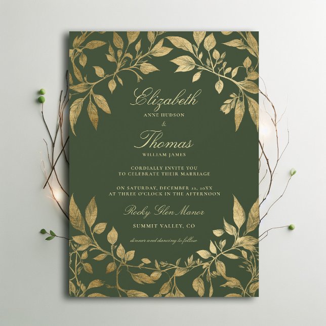 Convite Forest Foliage Botanical Elegant Script Wedding (Moody Forest Foliage Frame Modern Classic wedding invitation emerald green gold elegant)
