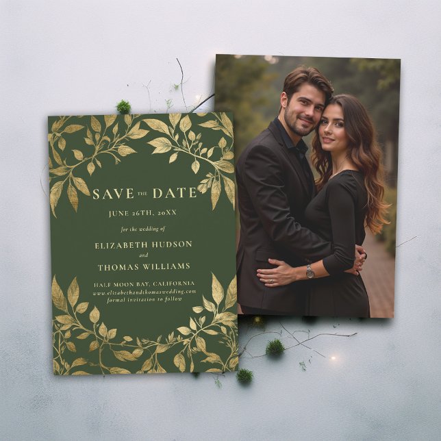 Convite Forest Foliage Botanical Photo Wedding Save Date (Forest Foliage Botanical Photo Wedding Save Date Invitation Enchanted Magical Fairy Tale Moody Gold)