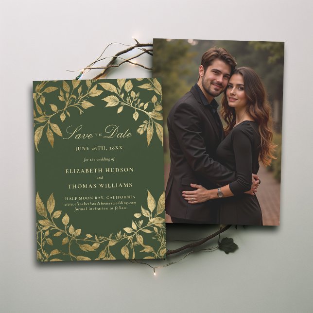 Convite Forest Foliage Magical Photo Wedding Save Date (Forest Foliage Botanical Photo Wedding Save Date Invite Enchanted Magical Fairy Tale Moody Gold)