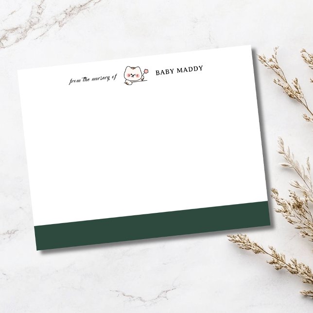 Convite Forest Green Cute Cat Nursery Stationery Note Card (Criador carregado)